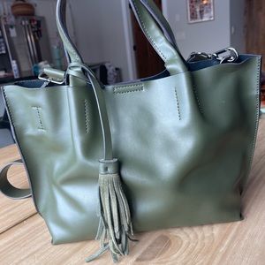 Olive green leather purse handbag with shoulder strap